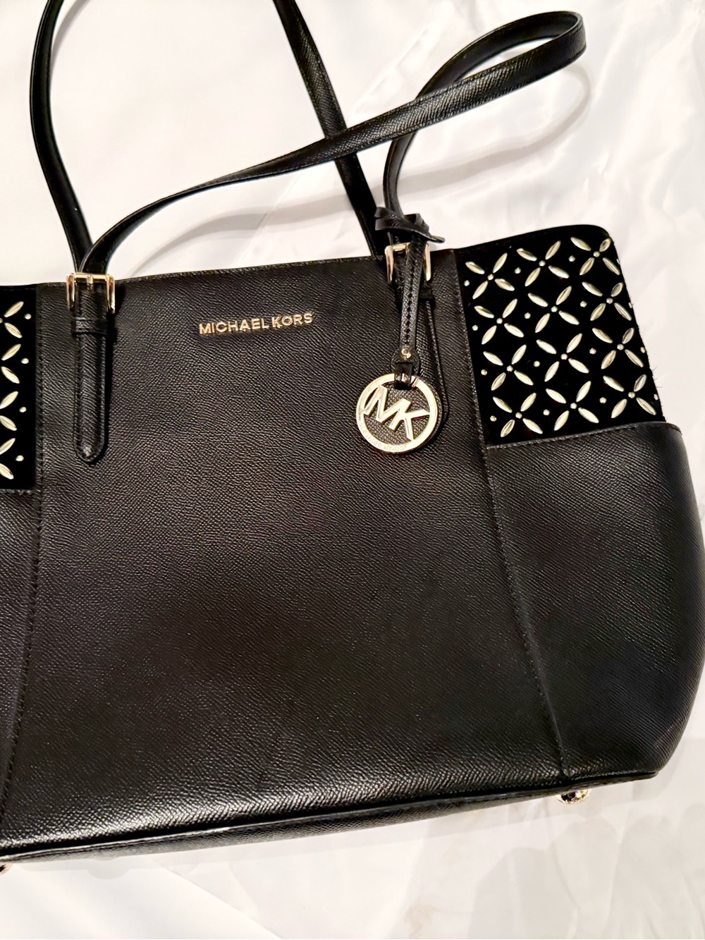 Michael Kors Black Saffiano Leather Shoulder Tote with Cutout Detail